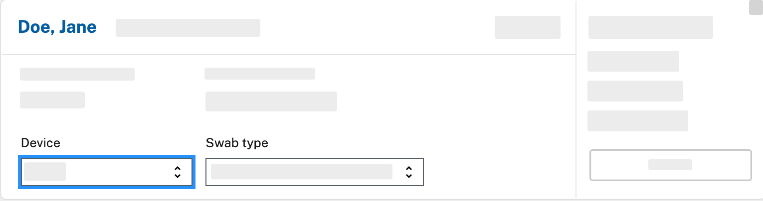 The device and swab type dropdown menus at the bottom left of the person's card