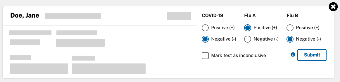 Columns to input COVID-19, flu A, and flu B results on a patient's card