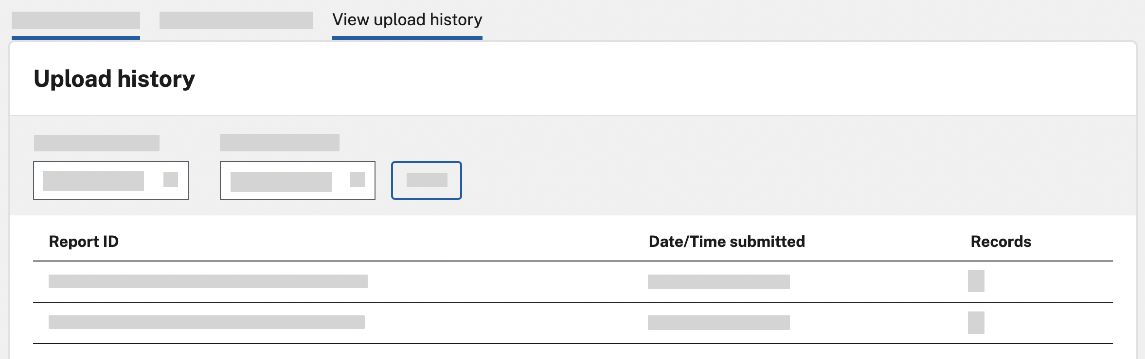 SimpleReport's view upload history tab under the main navigation